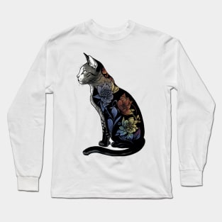 Vibrant Lotus Cat - Black and White Feline with Colorful Flower Design Long Sleeve T-Shirt